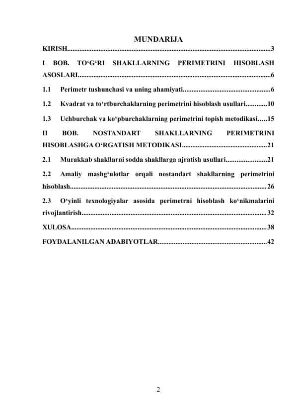 Kurs ishi 3-sinf matematika darslarida o'quvchilarni to'g'ri va nostandart shakllarning perimetrini hisoblashga o'rgatish