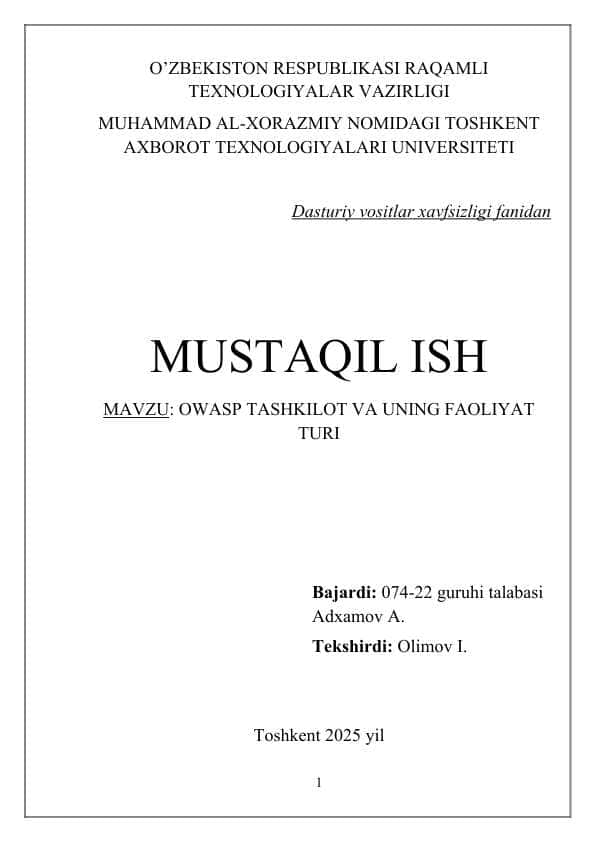 OWASP TASHKILOT VA UNING FAOLIYAT TURI