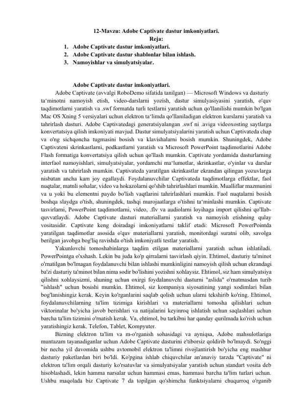 Adobe Captivate dastur imkoniyatlari.