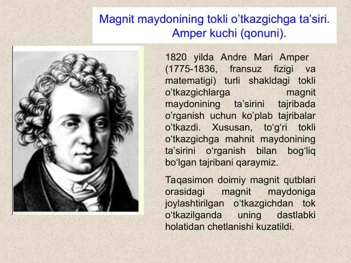 Magnit maydonining tokli o’tkazgichga ta’siri. Amper kuchi (qonuni).