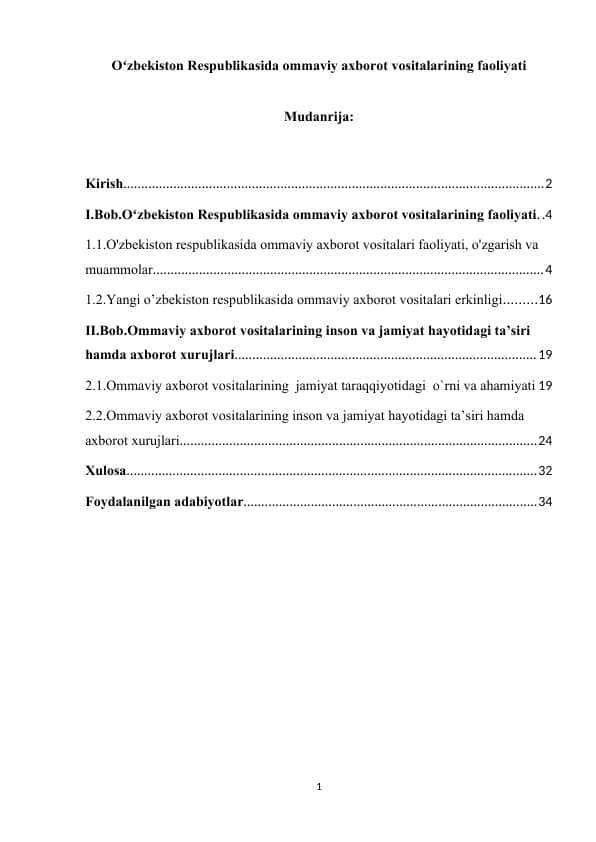 Oʻzbekiston Respublikasida ommaviy axborot vositalarining faoliyati