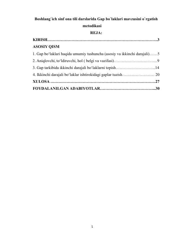Boshlang`ich sinf ona tili darslarida Gap bo`laklari mavzusini o`rgatish metodikasi