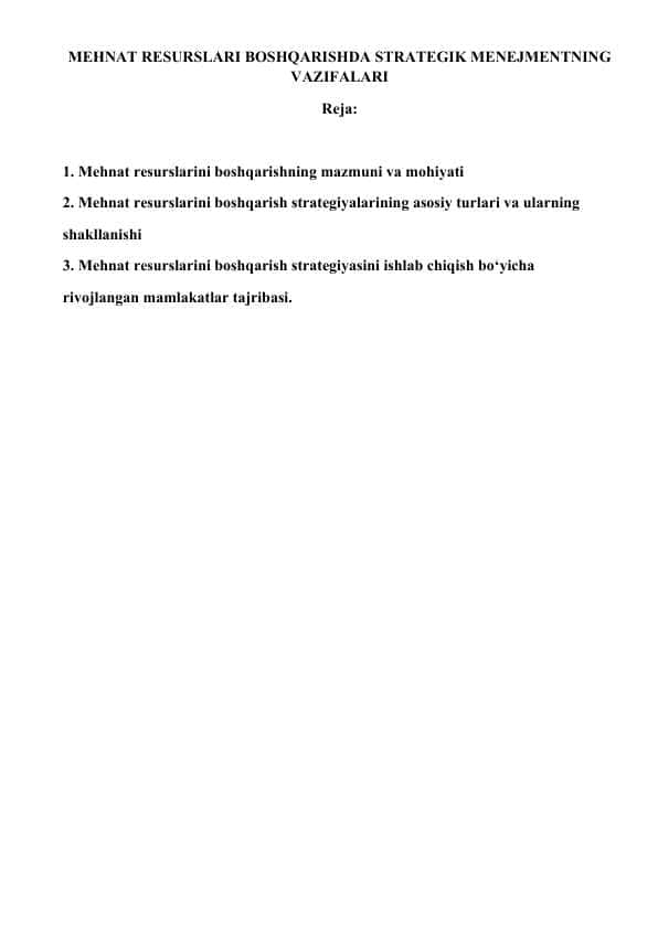MEHNAT RESURSLARI BOSHQARISHDA STRATEGIK MENEJMENTNING VAZIFALARI