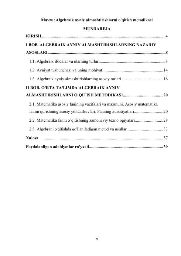 Algebraik ayniy almashtirishlarni o'qitish metodikasi