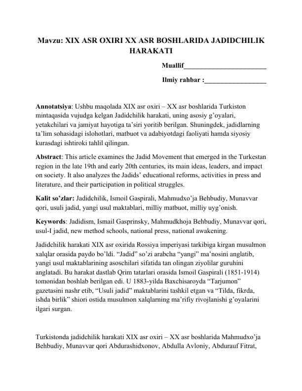 XIX ASR OXIRI XX ASR BOSHLARIDA JADIDCHILIK HARAKATI