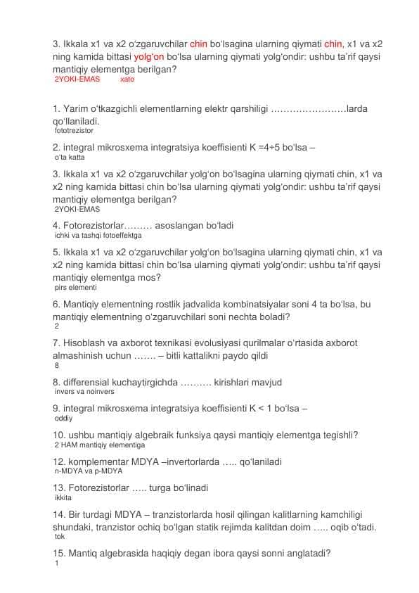 Elektronika va Sxemalar test Yakuniy