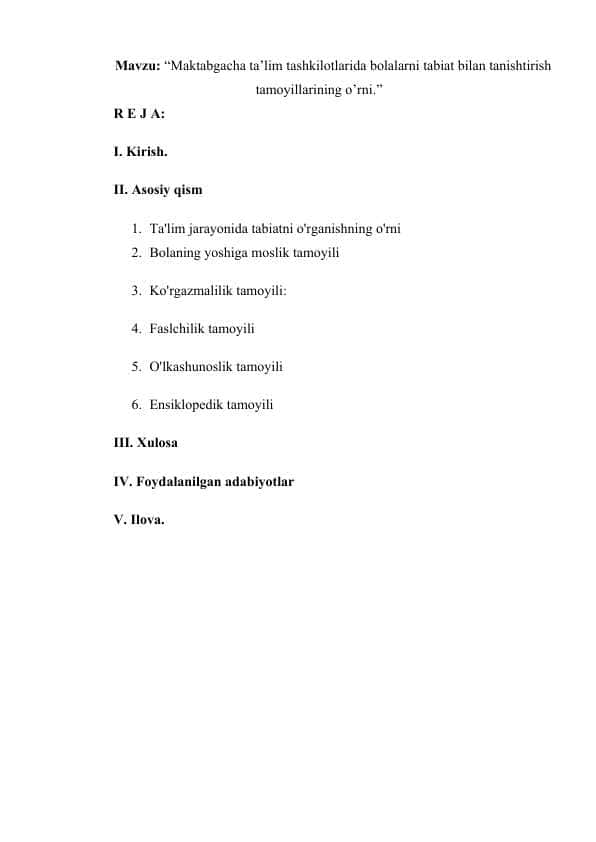 Maktabgacha ta’lim tashkilotlarida bolalarni tabiat bilan tanishtirish tamoyillarining o’rni