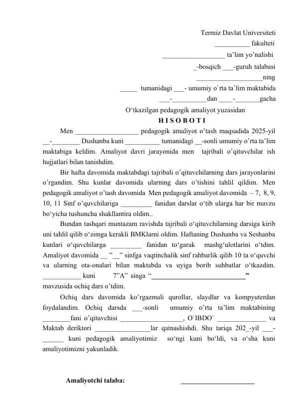 Amaliyot hisoboti pedagogik
