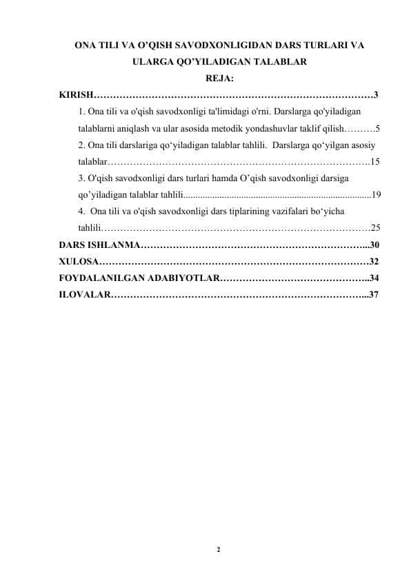 ONA TILI VA O’QISH SAVODXONLIGIDAN DARS TURLARI VA ULARGA QO’YILADIGAN TALABLAR
