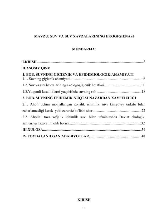 SUV VA SUV XAVZALARINING EKOGIGIENASI