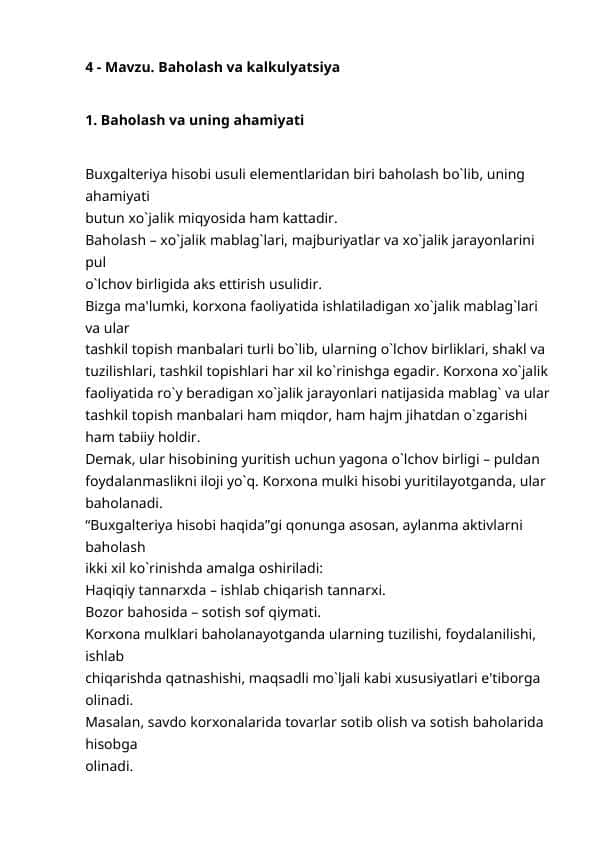 Baholash va kalkulyatsiya