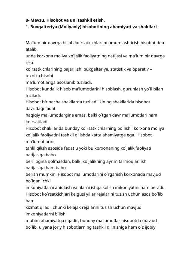 Hisobot va uni tashkil etish.
