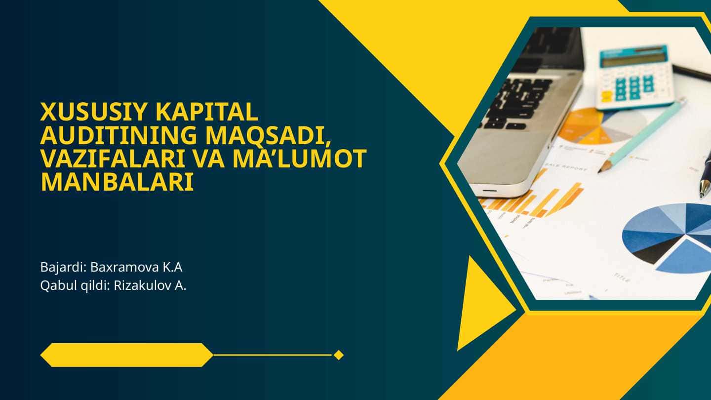 Xususiy kapital auditining maqsadi, vazifalari va ma’lumot manbalari