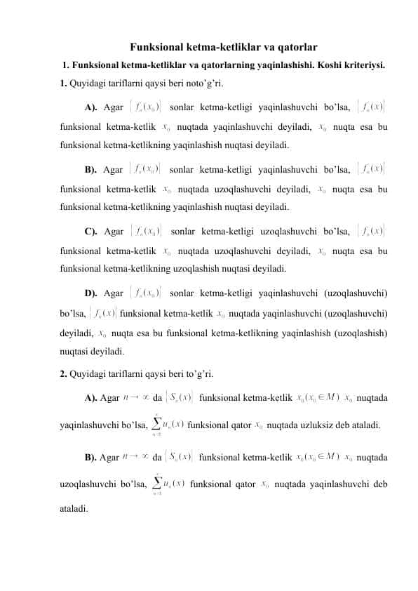 Funksional ketma-ketliklar va qatorlar matanalizdan testlar va javoblari