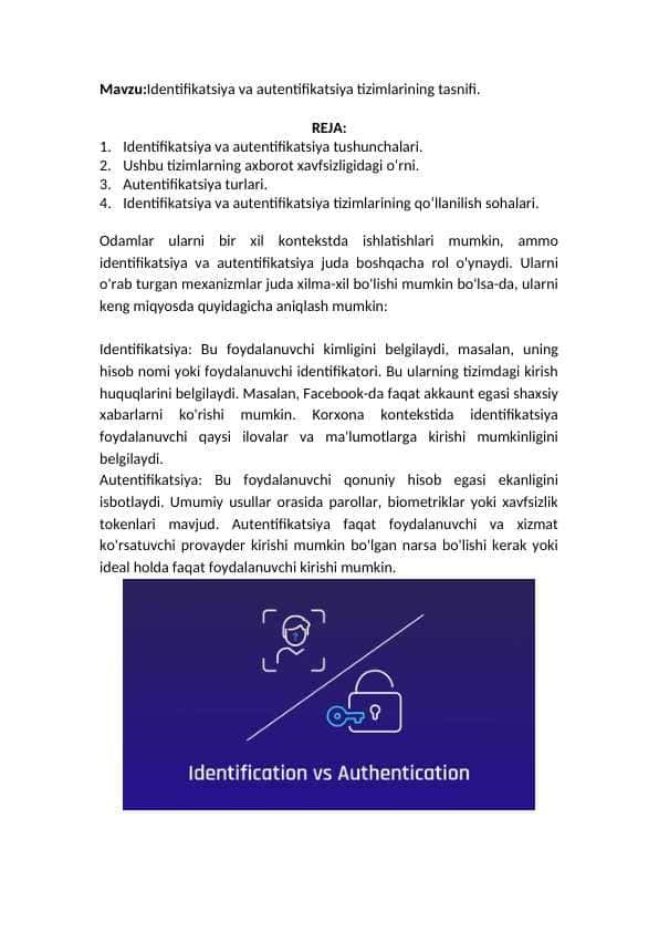 Identifikatsiya va autentifikatsiya tizimlarining tasnifi.