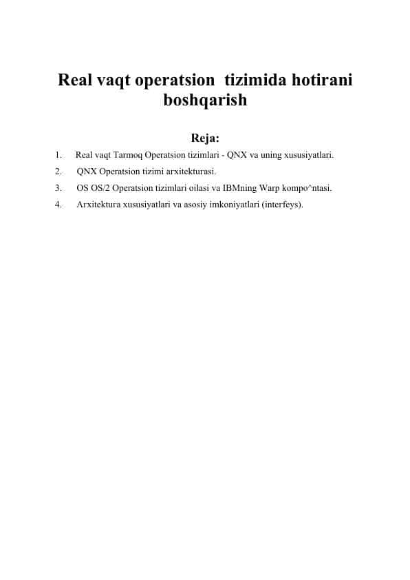 Rеal vaqt Tarmoq Operatsion tizimlari – qnx