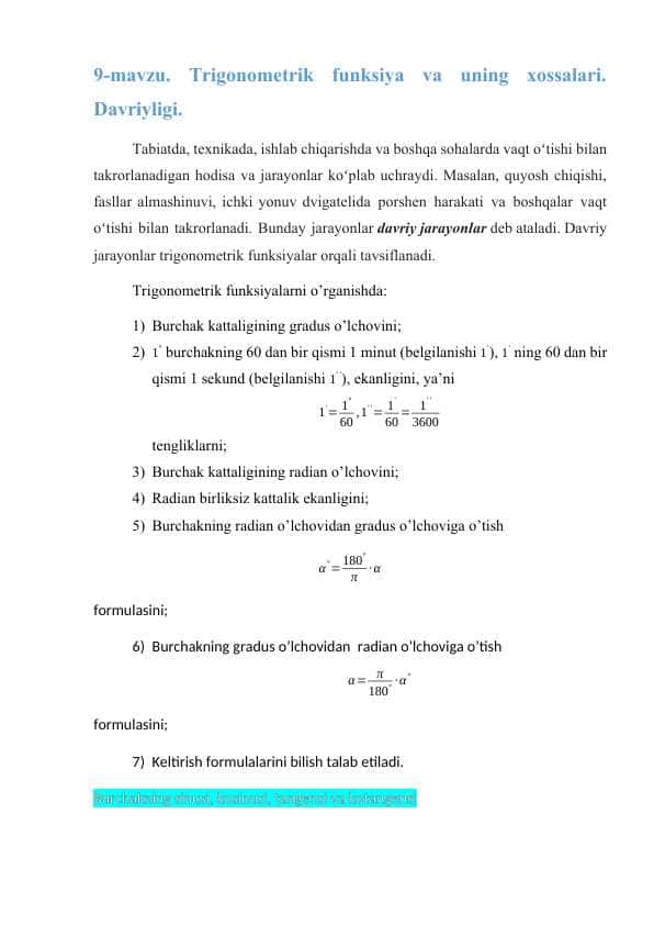 Trigonometrik funksiya va uning xossalari. Davriyligi.