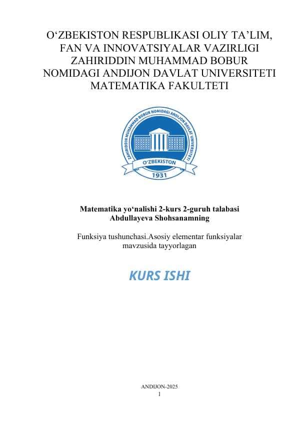 Funksiya tushunchasi.Asosiy elementar funksiyalar mavzusida tayyorlagan