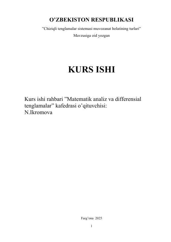 Chiziqli tenglamalar sistemasi muvozanat holatining turlari