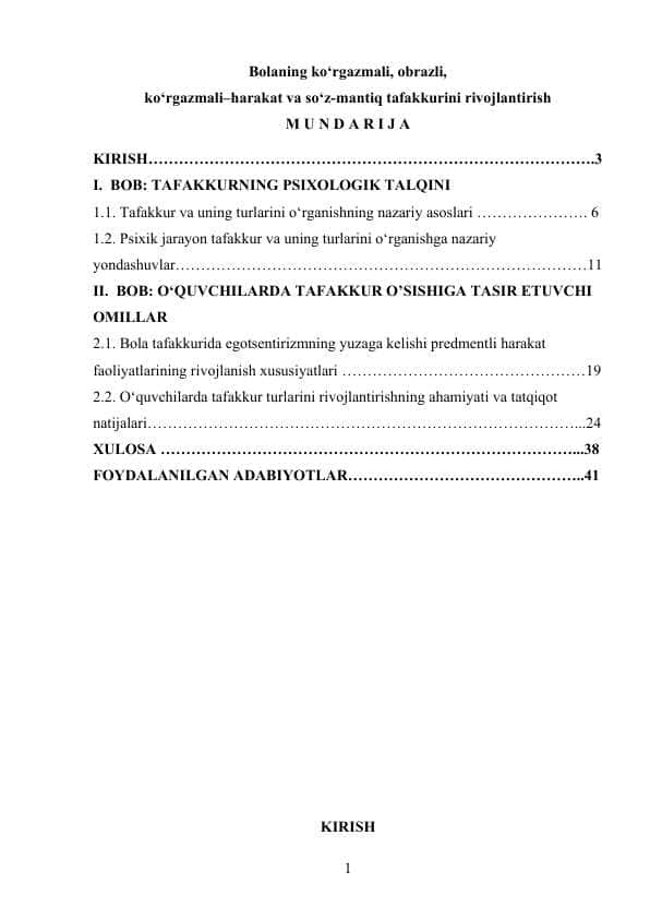 Bolaning ko‘rgazmali, obrazli, ko‘rgazmali–harakat va so‘z-mantiq tafakkurini rivojlantirish