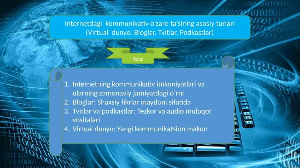 Internetdagi kommunikativ o'zaro ta’siring asosiy turlari (Virtual dunyo. Bloglar. Tvitlar. Podkastlar)