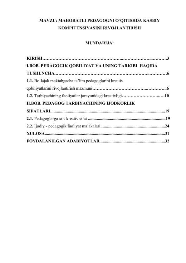 MAHORATLI PEDAGOGNI O‘QITISHDA KASBIY KOMPITENSIYASINI RIVOJLANTIRISH.docx