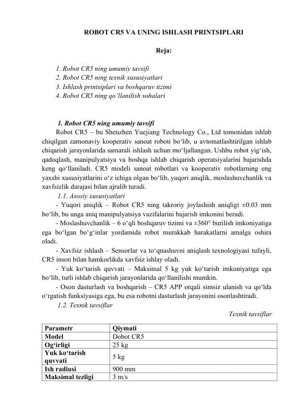 ROBOT CR5 VA UNING ISHLASH PRINTSIPLARI