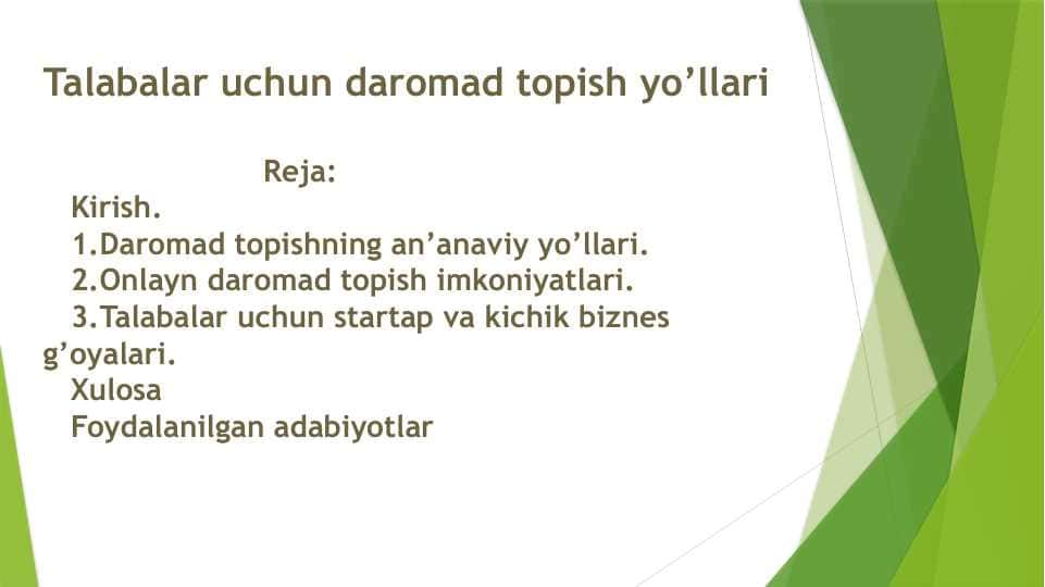 Talabalar uchun daromad topish yoʻllari slayd