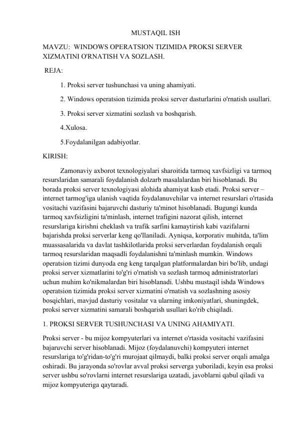 WINDOWS OPERATSION TIZIMIDA PROKSI SERVER XIZMATINI O'RNATISH VA SOZLASH.