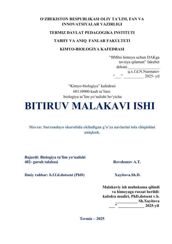 Surxondayo sharoitida ekiladigan g’o’za navlarini tola chiqishini aniqlash.