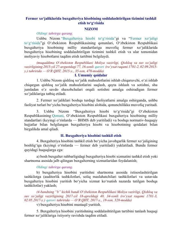 Fermer xo‘jaliklarida buxgalteriya hisobining soddalashtirilgan tizimini tashkil etish to‘g‘risida