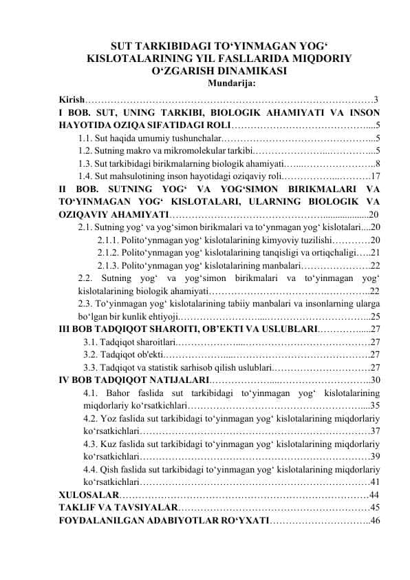 SUT TARKIBIDAGI TO‘YINMAGAN YOG‘ KISLOTALARINING YIL FASLLARIDA MIQDORIY O‘ZGARISH DINAMIKASI