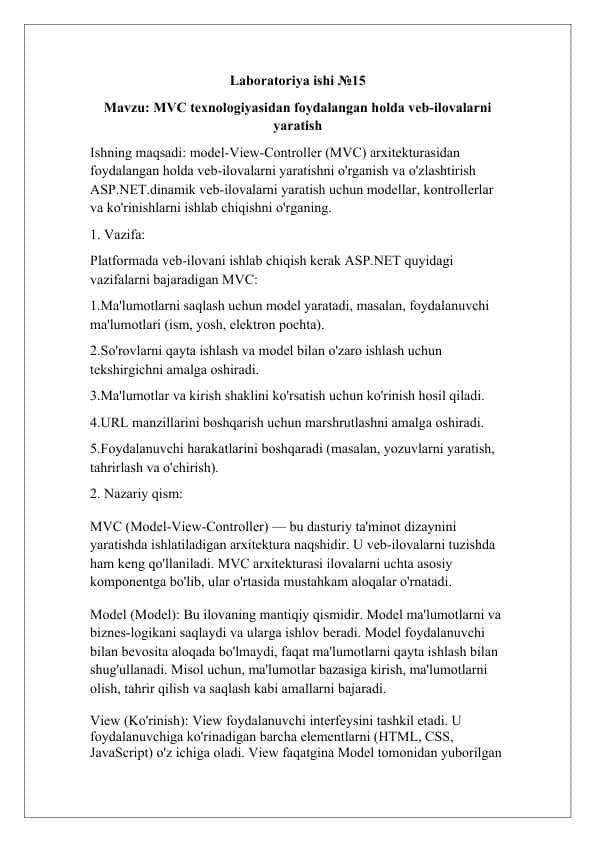 MVC texnologiyasidan foydalangan holda veb-ilovalarni yaratish