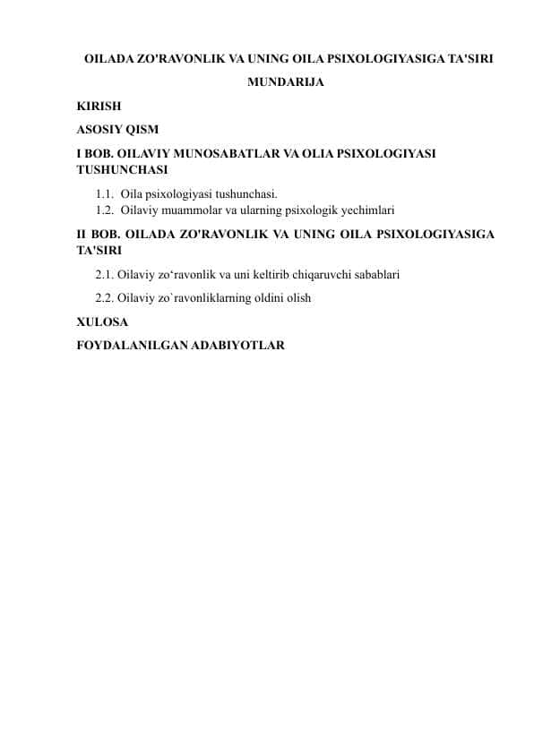 OILADA ZO'RAVONLIK VA UNING OILA PSIXOLOGIYASIGA TA'SIRI