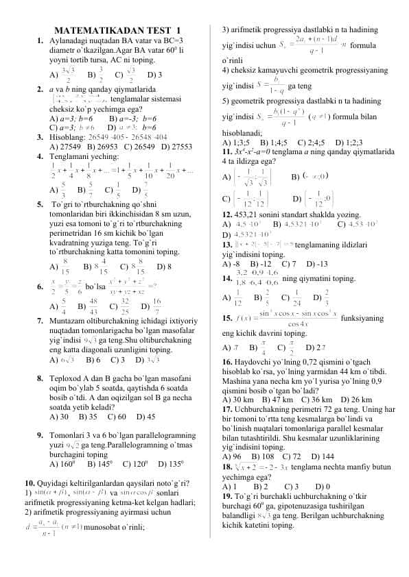MATEMATIKADAN TEST-1 36-talik kaliti bor