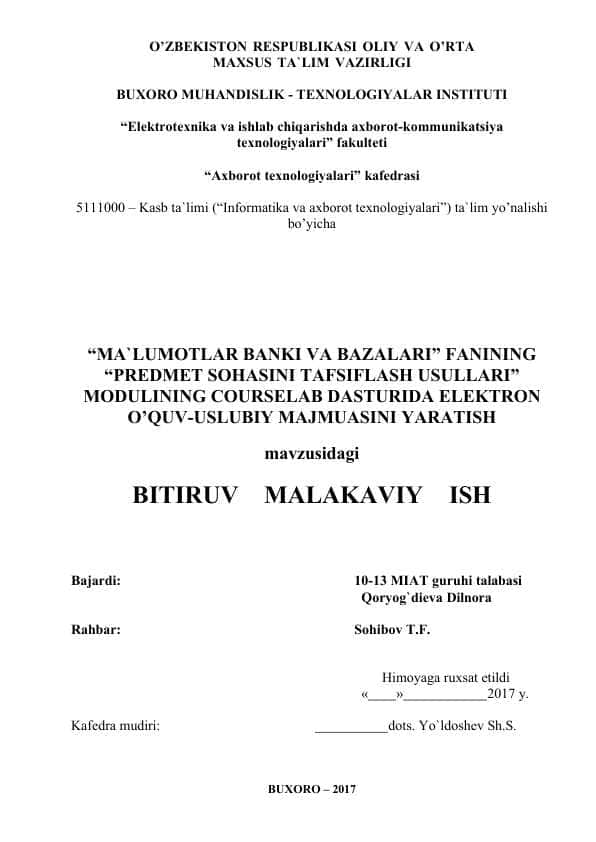 MA`LUMOTLAR BANKI VA BAZALARI” FANINING “PREDMET SOHASINI TAFSIFLASH USULLARI” MODULINING COURSELAB DASTURIDA ELEKTRON O’QUV-USLUBIY MAJMUASINI YARATISH