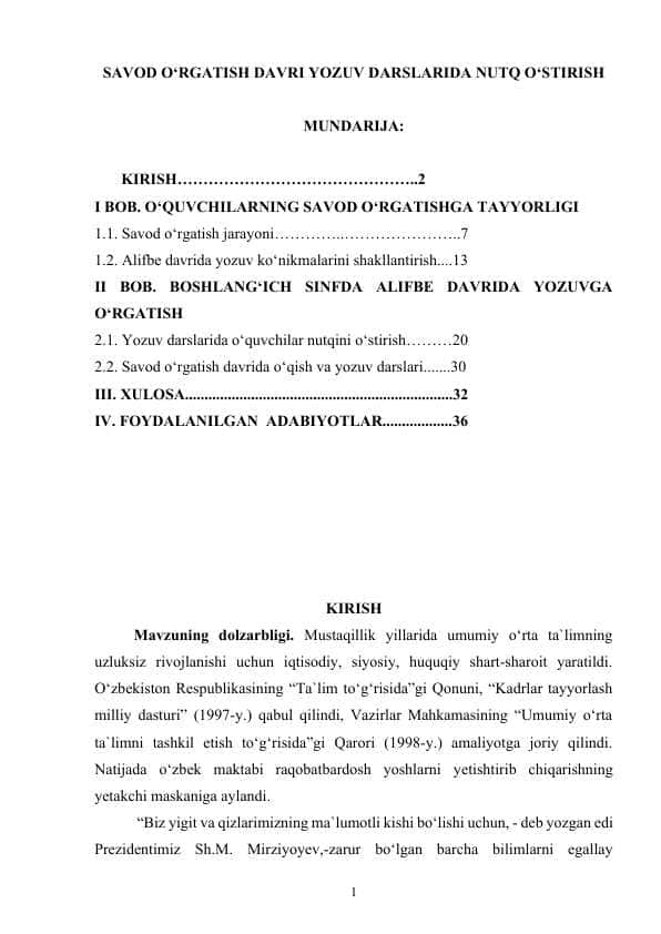 SAVOD O‘RGATISH DAVRI YOZUV DARSLARIDA NUTQ O‘STIRISH