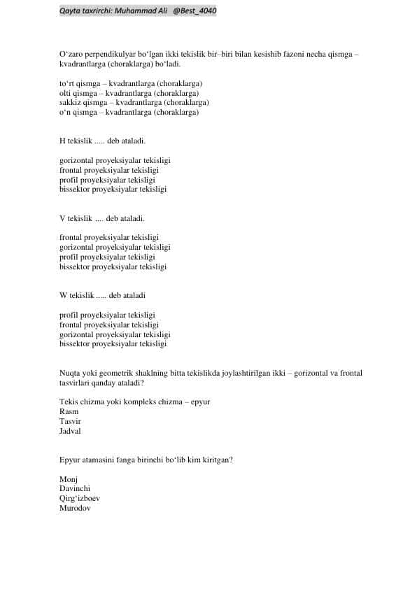 Muhandislik Grafikasi fanidan 2 kurslar uchun Oraliq va Yakuniy test javoblari