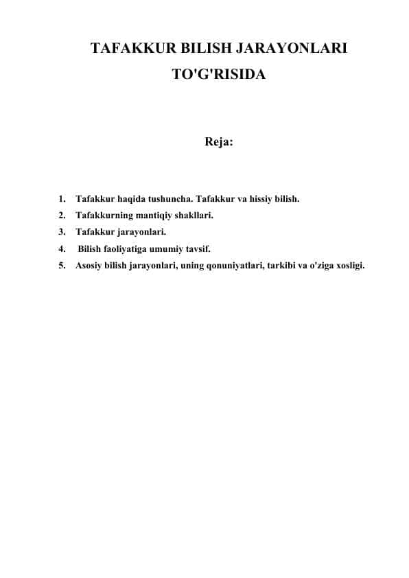 tafakkur bilish jarayonlari to'g'risida