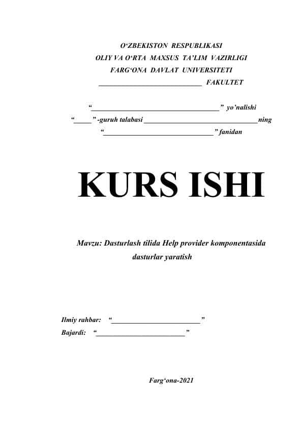 Dasturlash tilida Help provider komponentasida dasturlar yaratish