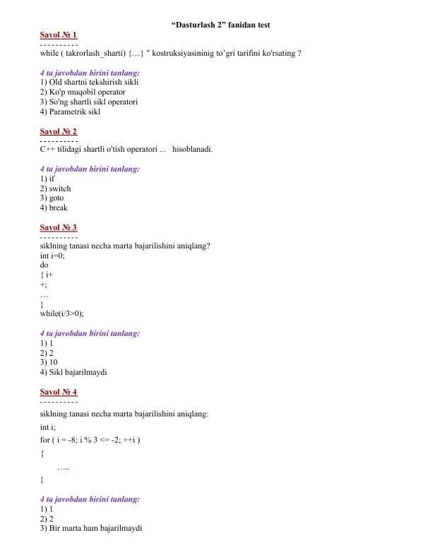 Dasturlash c++ javoblari bilan