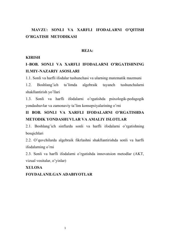 SONLI VA XARFLI IFODALARNI O’QITISH O’RGATISH METODIKASI