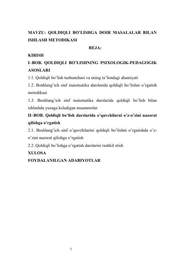 QOLDIQLI BO’LISHGA DOIR MASALALAR BILAN ISHLASH METODIKASI
