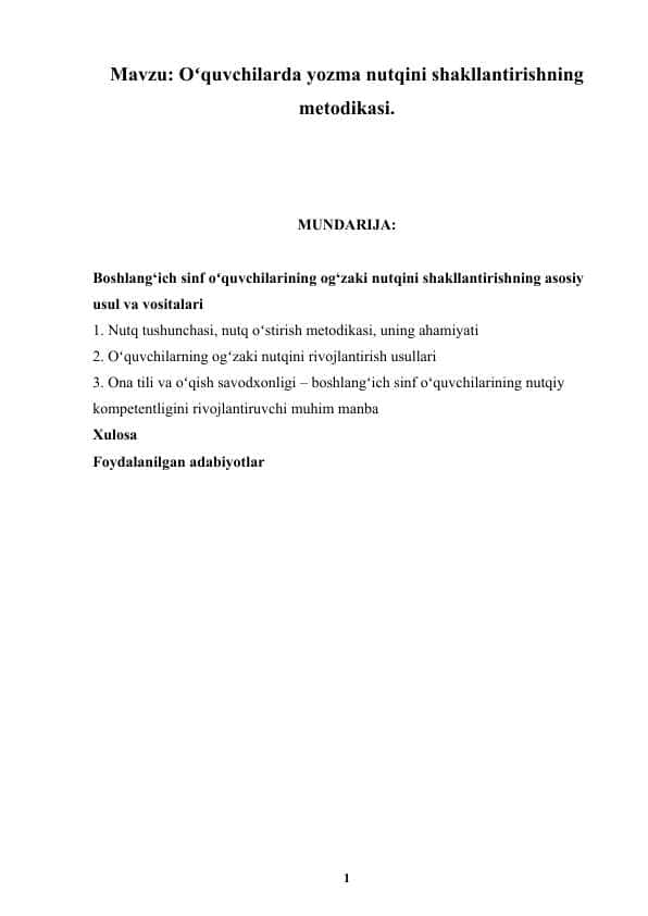 Oʻquvchilarda yozma nutqini shakllantirishning metodikasi