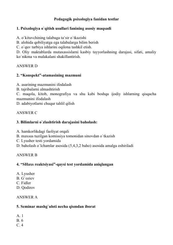 Pedagogik psixologiya fanidan testlar