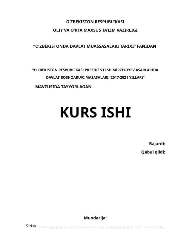 O’ZBEKISTON RESPUBLIKASI PREZIDENTI SH.MIRZIYOYEV ASARLARIDA DAVLAT BOSHQARUVI MASASALARI