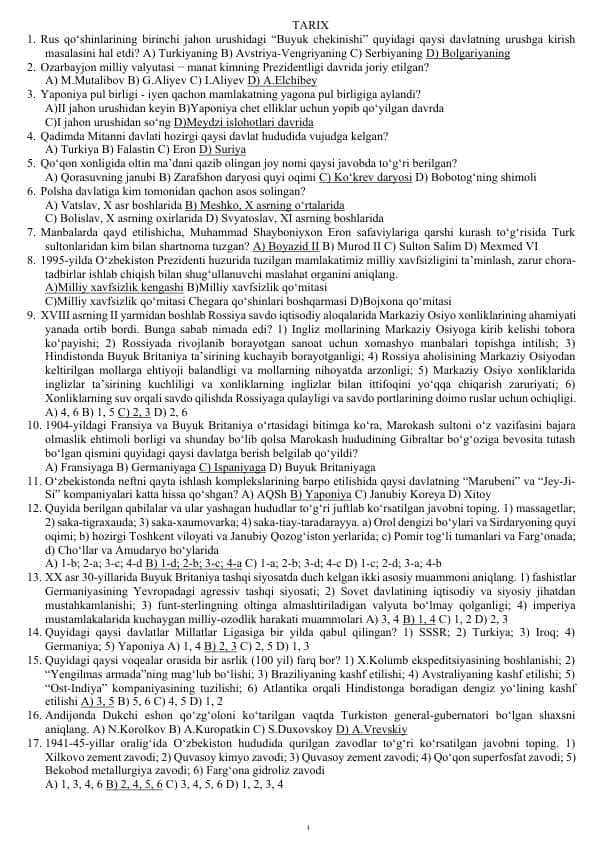 Tarix fanidan attestatsiya savollari