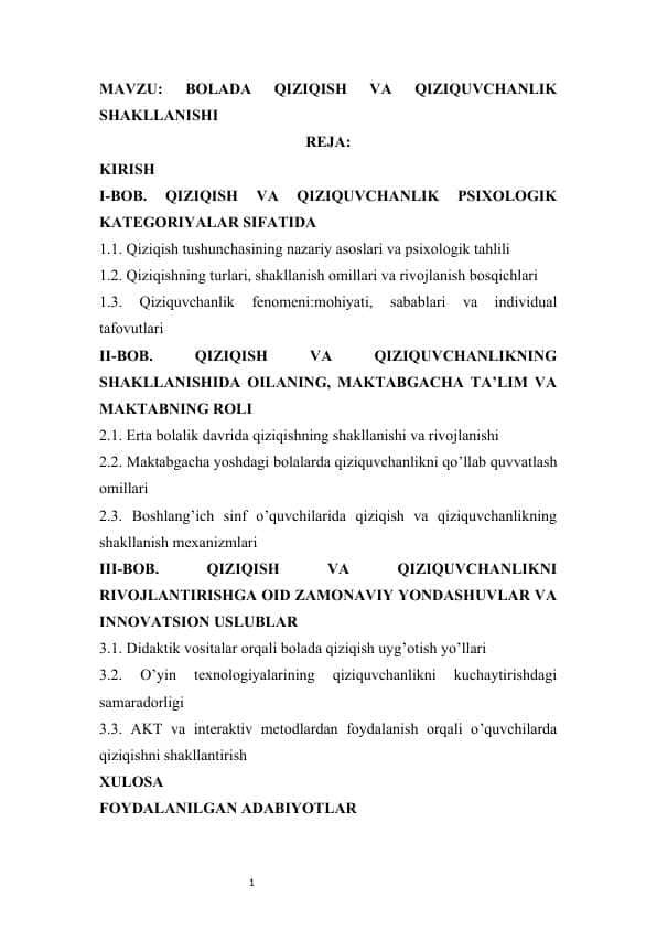 BOLADA QIZIQISH VA QIZIQUVCHANLIK SHAKLLANISHI