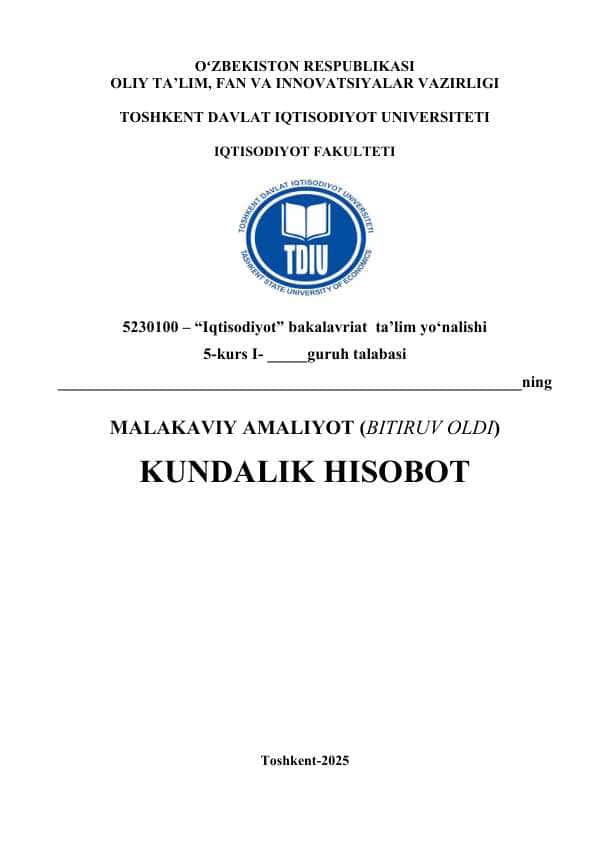 Ipoteka bank amaliyot hisoboti Ipoteka bank MALAKAVIY AMALIYOT (BITIRUV OLDI) Ipoteka bank KUNDALIK HISOBOT