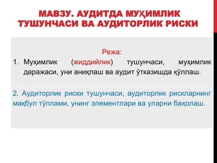 Auditda muhimlik tushunchasi va auditorlik riski
